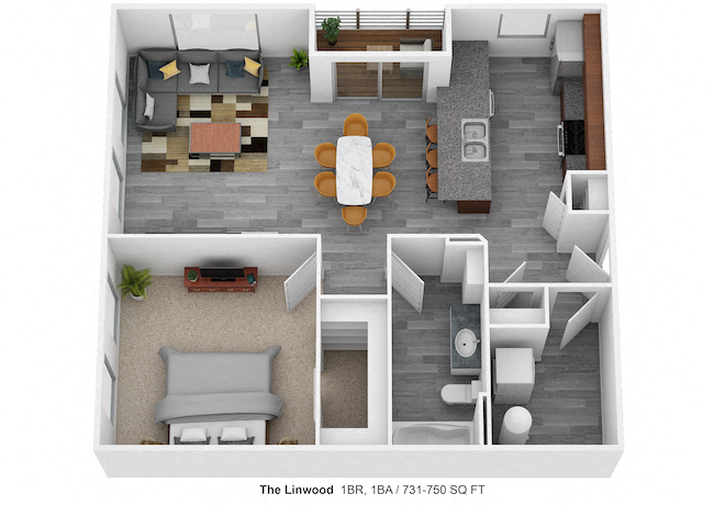 Floor plan for 1 bed, 1 bath, 750 sqft